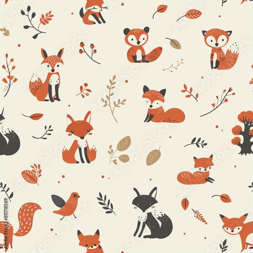 Develop a minimal style seamless pattern with simple illustrations of woodland creatures