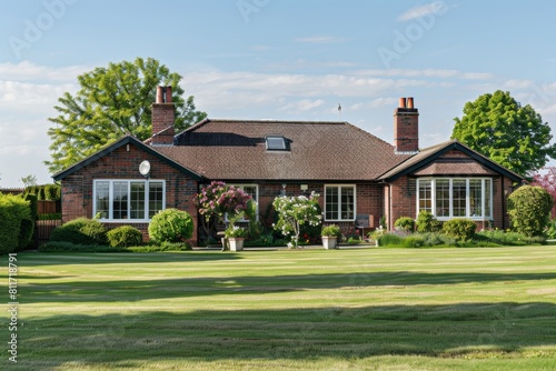 A tranquil countryside landscape with a traditional bungalow