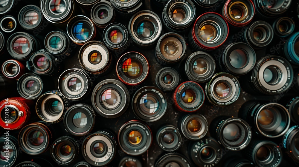 Variety of camera lenses in a pattern viewed from above. Variety of camera lenses in a pattern viewed from above.