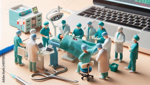 Miniature figures depicting a scene in the surgical room and intensive care unit of a hospital. With surgeons and nurses.