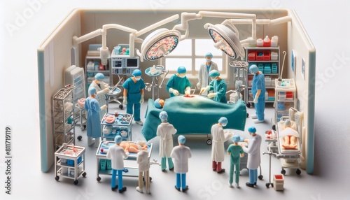 Miniature figures depicting a scene in the surgical room and intensive care unit of a hospital. With surgeons and nurses.