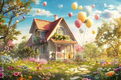 bungalow with colorful balloons photo