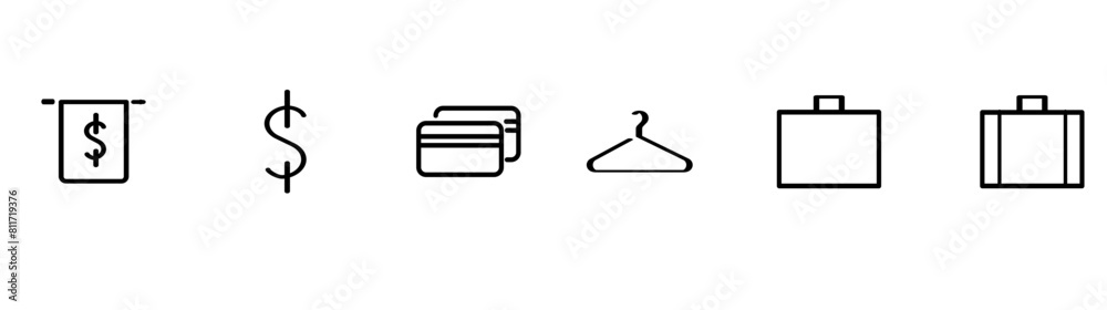 Shopping Mall public place icons set. ATM, money exchange, credit cards, baggage, changing room pictogram . Modern linear outline vector. Shopping Mall public place icons set. ATM, money exchange, credit cards, baggage, changing room pictogram . Modern linear outline vector.