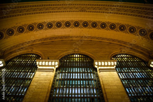 Interior View of the Arched Windows and Walls of Grand Central Terminal Main Concourse - Manhattan, New York City