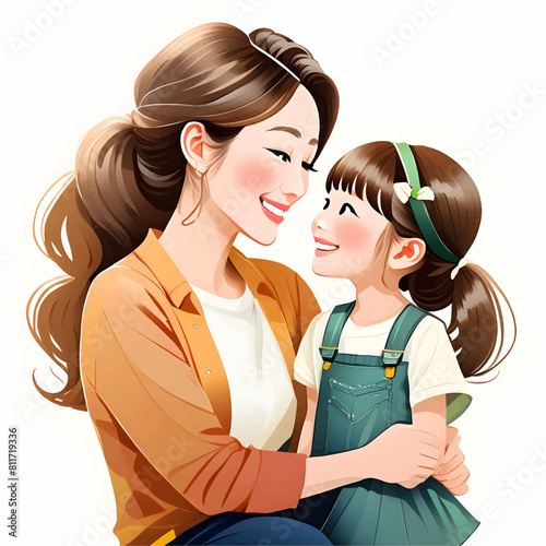 asian mom and daughter, lookat each other and smile warmly photo