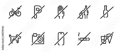 Prohibition icons in linear outline style. No food, camera, don’t smoking. No bicycle, parking, touch, garbage, beverage, smartphone, no sign restriction . Modern simple vector. Graphics pictograms 