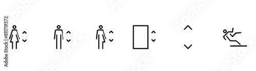 Shopping Mall public place icons set.Elevator. Slippery floor icon. Modern linear outline vector. photo