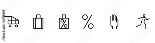 Shopping Mall public place icons set. pictogramme .  Supermarket, shopping, touch, sales, palm, pictograms. Modern linear outline vector.