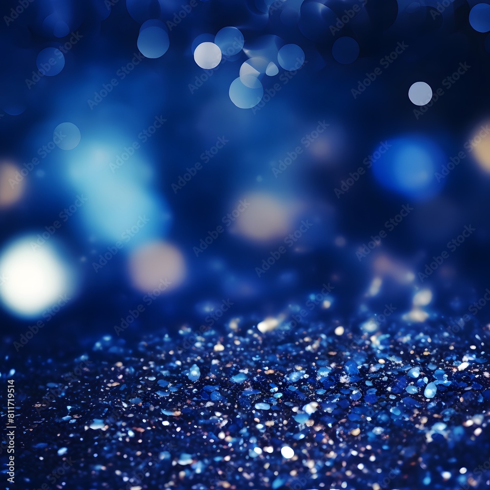 Sapphire blue glitter background with bokeh lights. Generative AI.