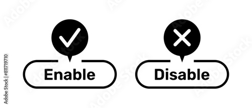 Right and Wrong symbols with Enable and Disable buttons black color. Enable and Disable buttons with right and wrong symbols. Tick and cross symbols with enable and disable buttons.