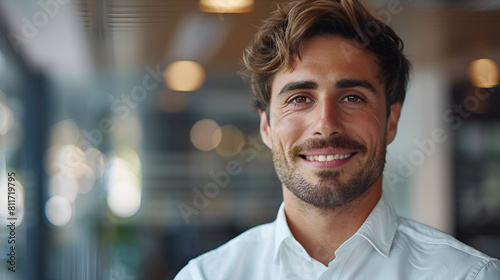 Young, confident businessman smiling and looking at the camera