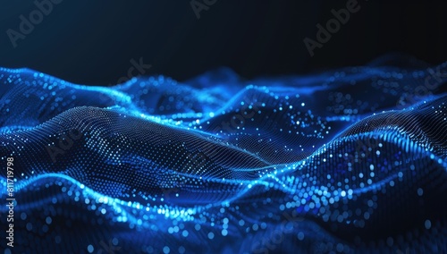 Electric blue particles in a space pattern on black background