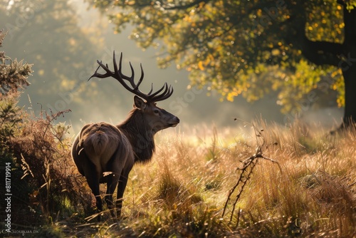 Red Deer in morning Sun   red deer stag in the forest   Ai generated