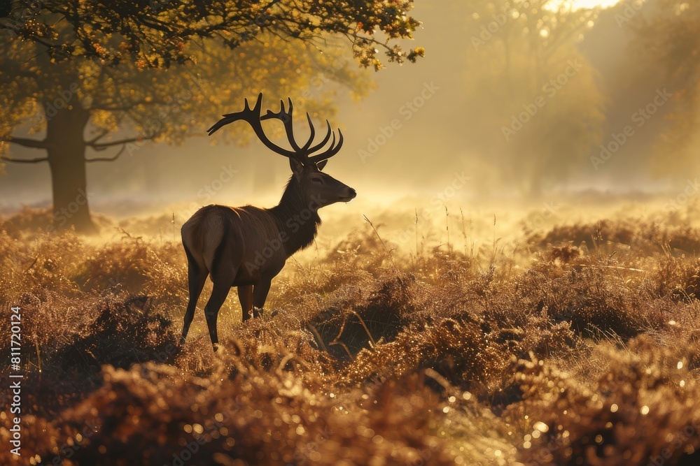 Obraz premium Red Deer in morning Sun, red deer stag in the forest , Ai generated