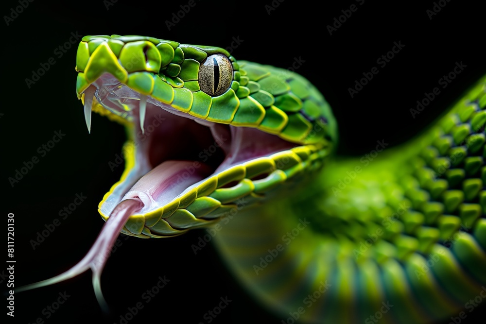 Obraz premium Green snake with mouth open showing fangs