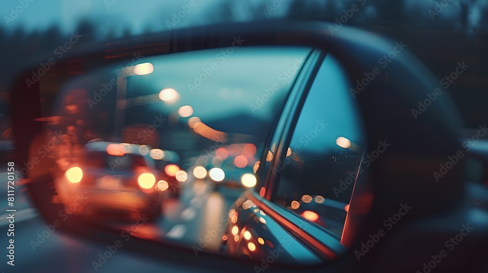 A reflective journey home: A car's side mirror capturing the evening traffic. Soft bokeh lights, urban commuting scene. Perfect for travel and city life concepts. AI A reflective journey home: A car's side mirror capturing the evening traffic. Soft bokeh lights, urban commuting scene. Perfect for travel and city life concepts. AI