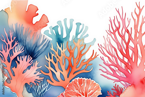 Colorful underwater scenes show vibrant coral reefs. Branched staghorn coral while brain coral and seaweed cover the background. photo