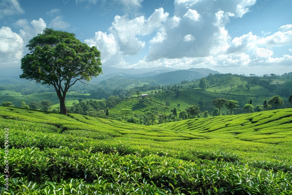 A tranquil panorama showing the expanse of tea gardens rolling over the hills with scattered trees and soft clouds