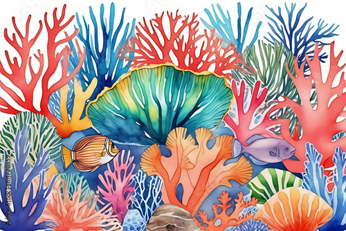 Underwater scene filled with colorful fish and corals They come in many shapes and sizes. Schools of fish swim between the corals. The water is a clear light blue. photo