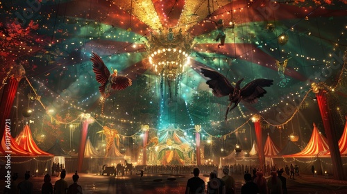 A fantastical circus with acrobats and mythical creatures photo