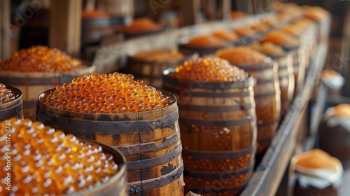 A red caviar in barrels is realistic. Generative AI. photo