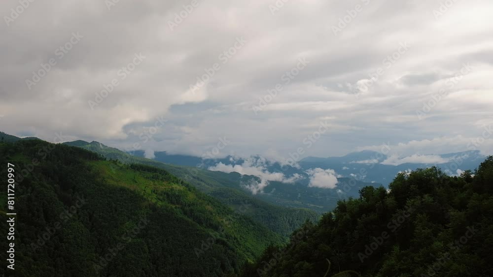 Low Clouds Above Forest In Mountains. Durmitor national park. Montenegro
