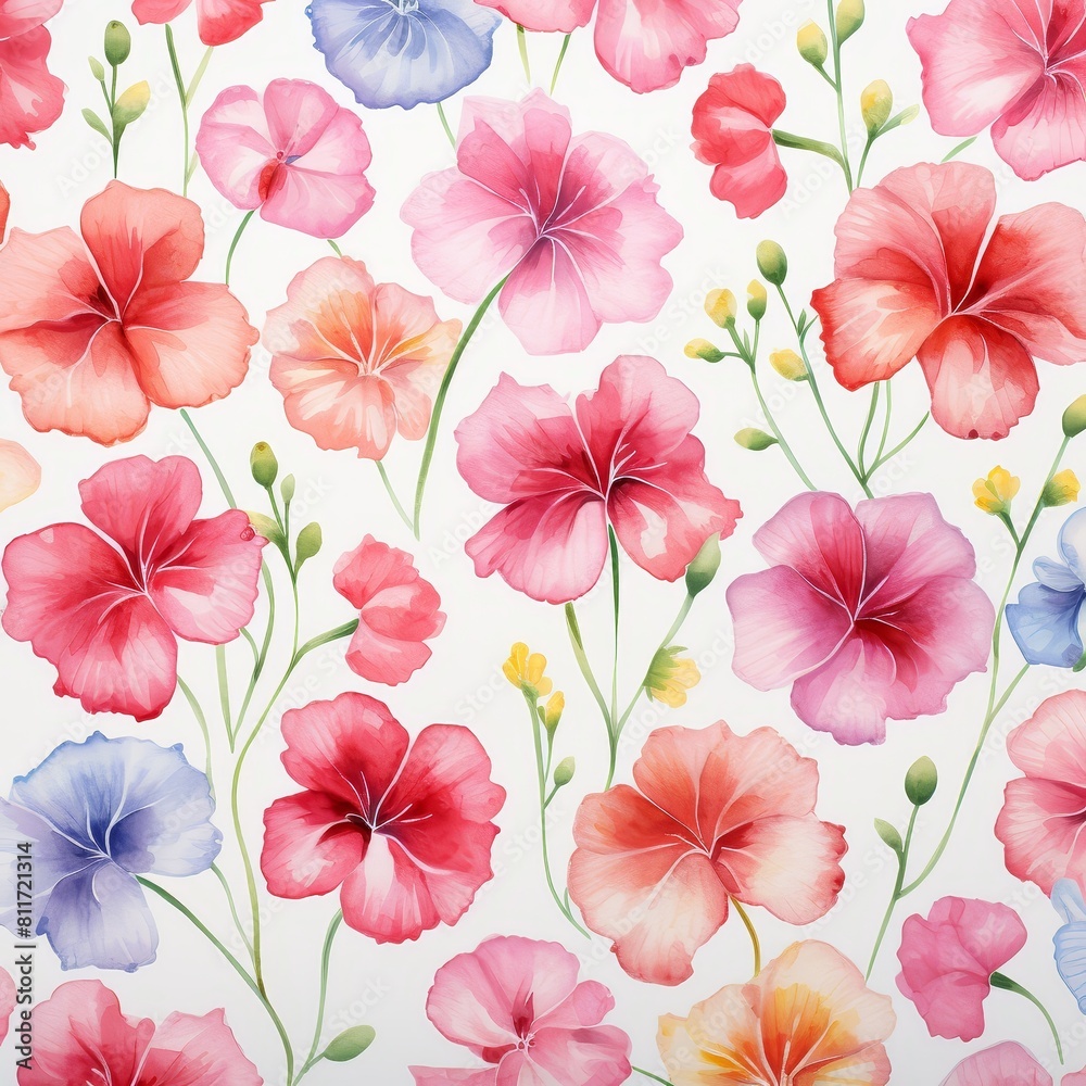A beautiful watercolor painting of pink, red, and purple flowers. The flowers are arranged in a repeating pattern.