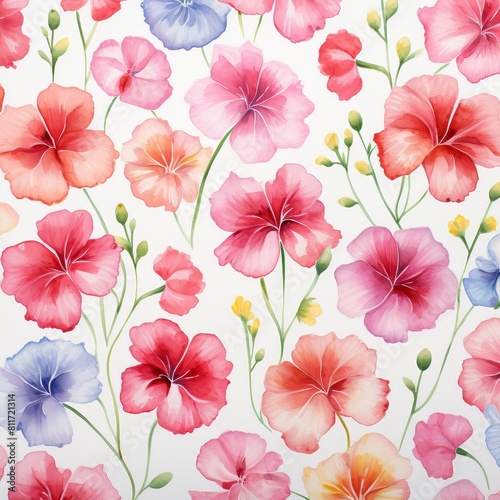 A beautiful watercolor painting of pink  red  and purple flowers. The flowers are arranged in a repeating pattern.