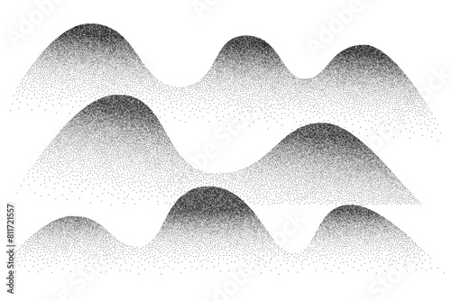 Dotwork wave grain pattern background. Abstract dot stipple lines. Vector illustration isolated on white background with sand texture, grainy effect, black noise dots