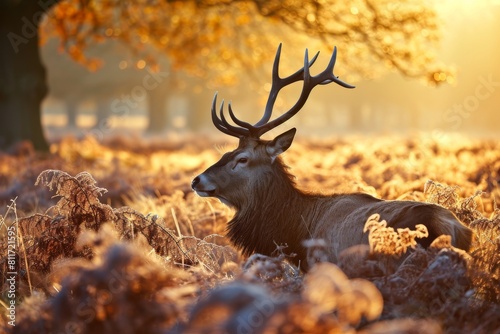 Red Deer in morning Sun,  red deer stag in the forest , Ai generated © Tanu