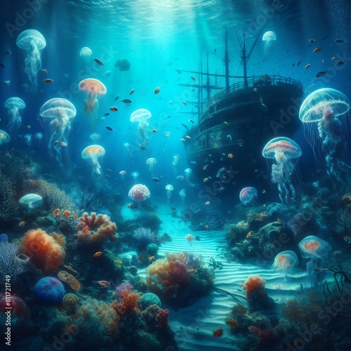 Generative Ai A vast underwater abyss  home to a diverse array of marine life  including luminous jellyfish  schools of colorful fish  and ancient shipwrecks resting on the ocean floor.