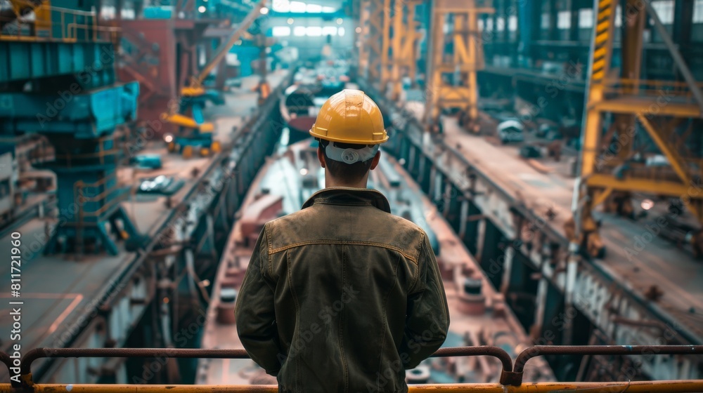A man in a hard hat looking out over a shipyard