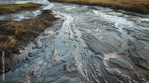 Mudflats in coastal marshes revealed during low tide