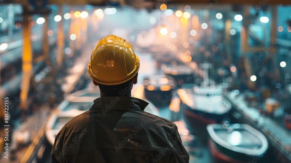 A man in a hard hat looking out at a shipyard full of ships under construction. Water transport industry, logistics ,Cruise ship production,Transportation ship production
