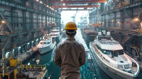 A man in a hard hat looking at a lar ge yacht being built in a shipyard. Water transport industry, logistics ,Cruise ship production,Transportation ship production
 photo