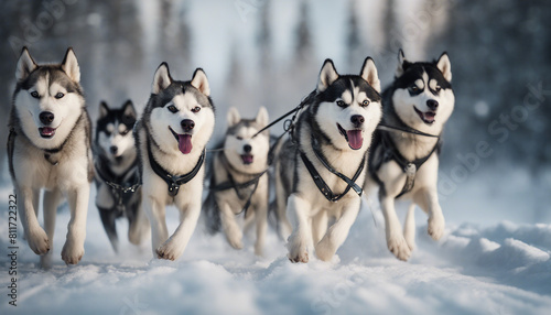 Siberian Husky dog team pulling sled 