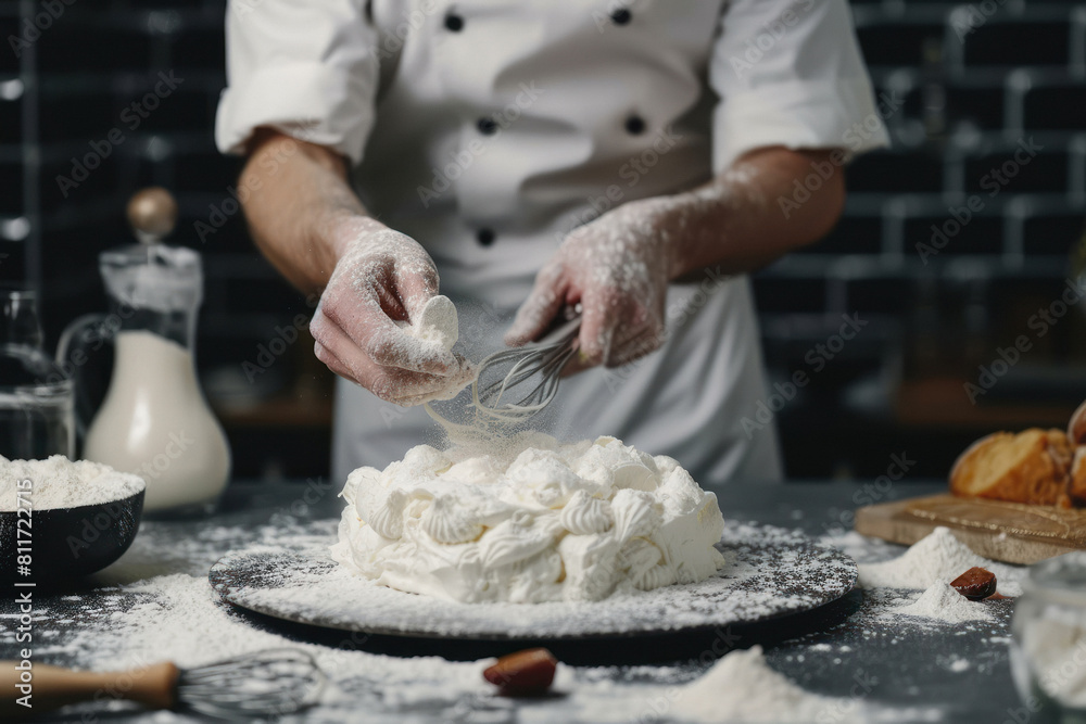 professional Chef sifting flour powder and making dough