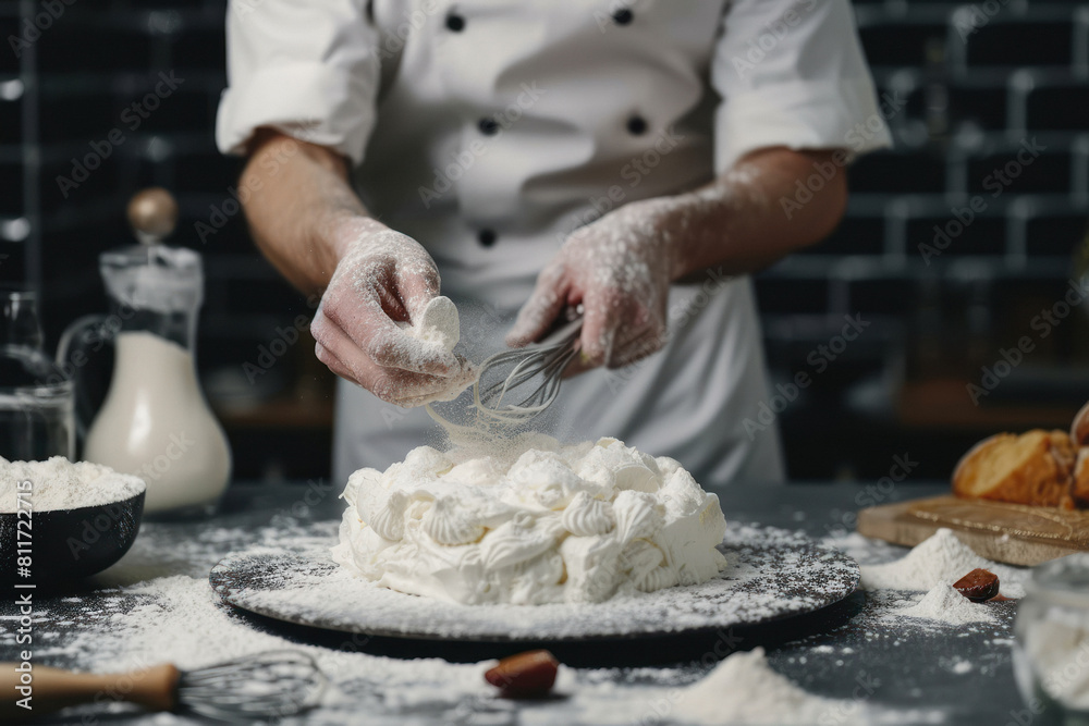 Fototapeta premium professional Chef sifting flour powder and making dough