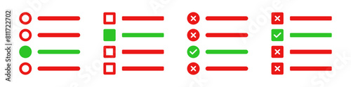 Tick the correct option quiz vector illustration with red cross and green tick. Online exam quiz test with checkmark icons. To do list with checkboxes right wrong symbols in red and green color. photo
