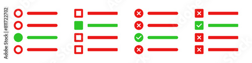 Tick the correct option quiz vector illustration with red cross and green tick. Online exam quiz test with checkmark icons. To do list with checkboxes right wrong symbols in red and green color.