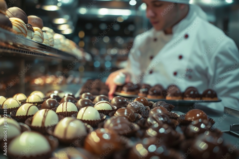 A talented chocolatier in a white chefs coat skillfully creating mouth-watering chocolates at a vibrant display of delectable treats.