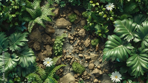 Fototapeta Naklejka Na Ścianę i Meble -  A top-down view of a beautiful, verdant jungle ground with a few ferns, two white flowers, a few small rocks, and a few vines. Generative AI.