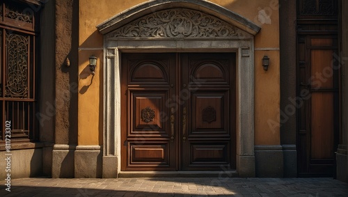 Elaborately carved wooden door at the entrance of a building.