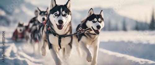 Siberian Husky dog team pulling sled 