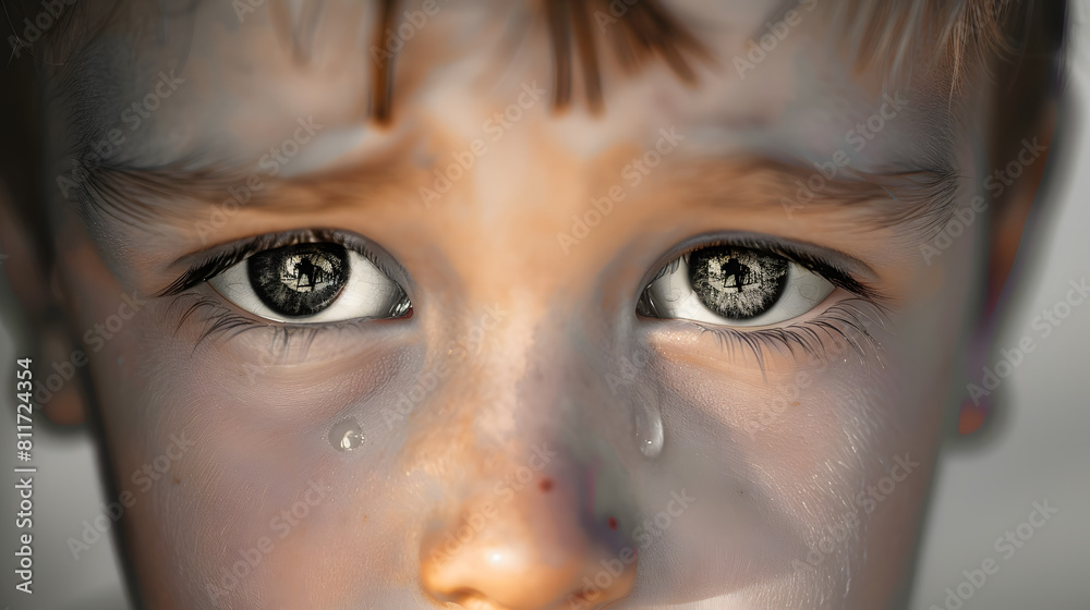 Little boy's eyes close up with a tear
