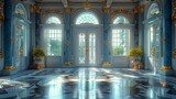 An ornately decorated door in a hallway with blue columns, floor. Generative AI.