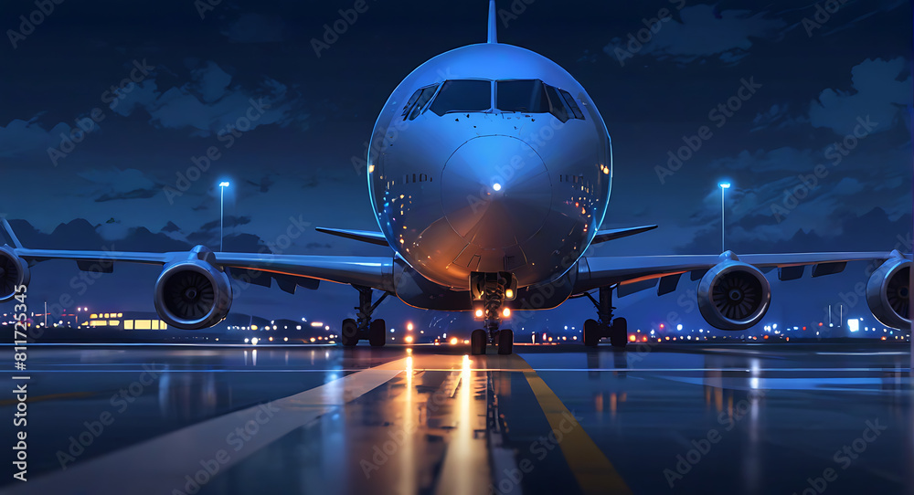 Fototapeta premium Front view of an airplane or aero plane running on the runway in night time, flight plane, 