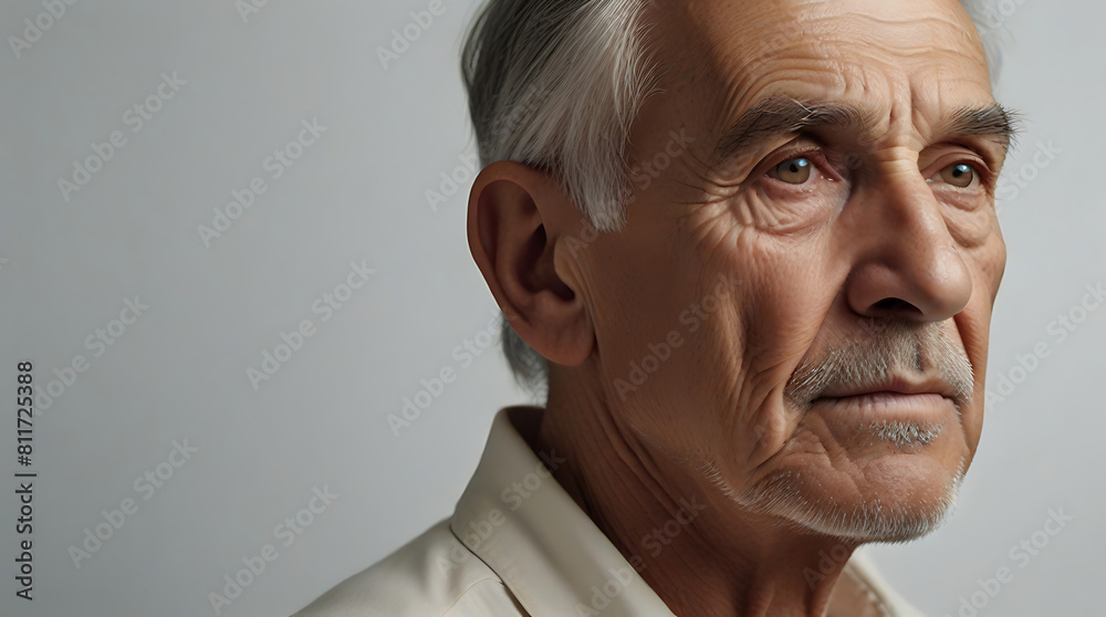 Portrait of an old man wwrinkled face on a plain white background with copy space, man aging concept, grey Portrait of an old man wwrinkled face on a plain white background with copy space, man aging concept, grey