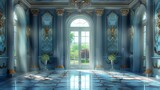 An ornately decorated door in a hallway with blue columns, floor. Generative AI.