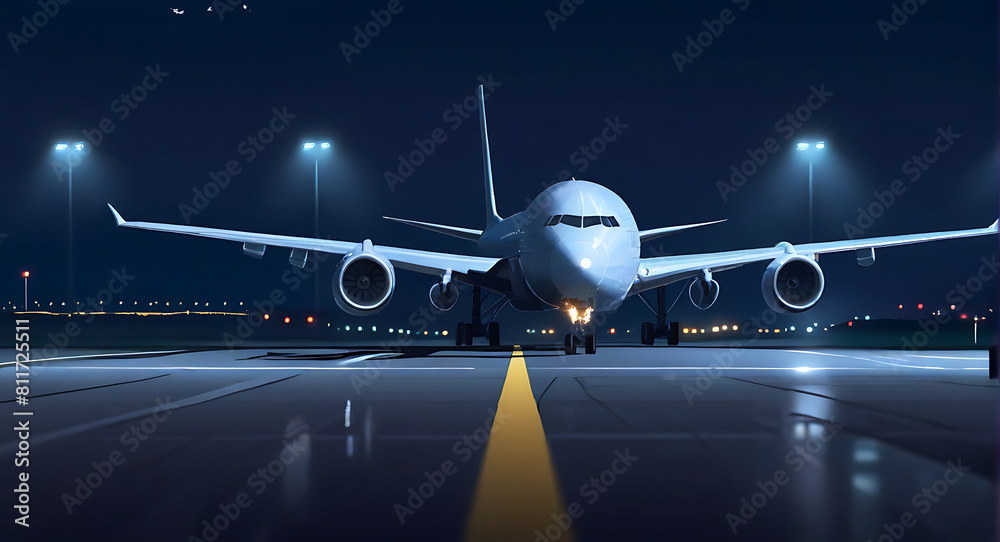 Fototapeta premium Front view of an airplane or aero plane running on the runway in night time, flight plane, 